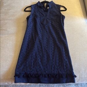 Eliza J Sleeveless Mandarin Collar Navy Eyelet Dress with Tassels size 2